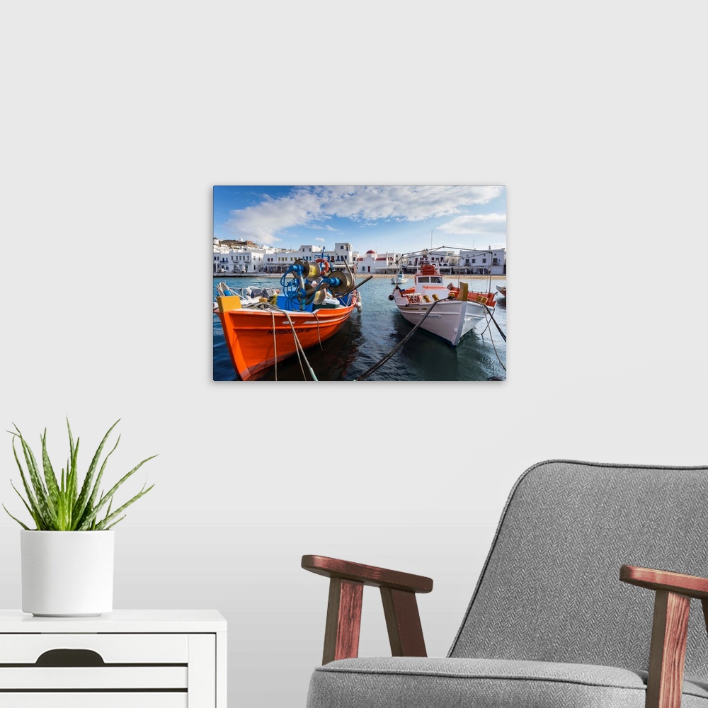 A modern room featuring Colourful boats in harbour, whitewashed Mykonos Town with windmills and churches, Mykonos, Cyclad...