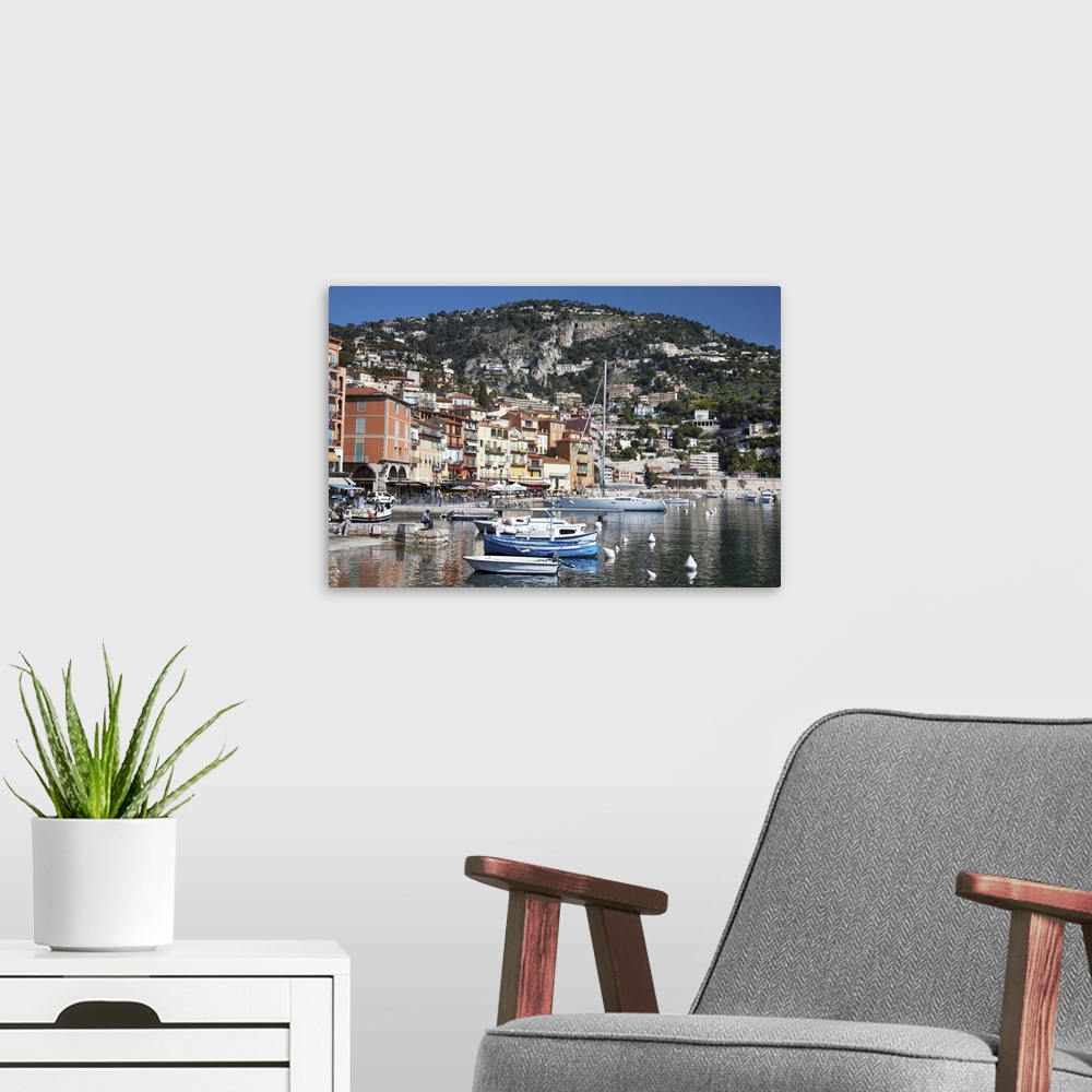 A modern room featuring Colourful buildings along waterfront, Villefranche, Provence-Alpes-Cote d'Azur, France