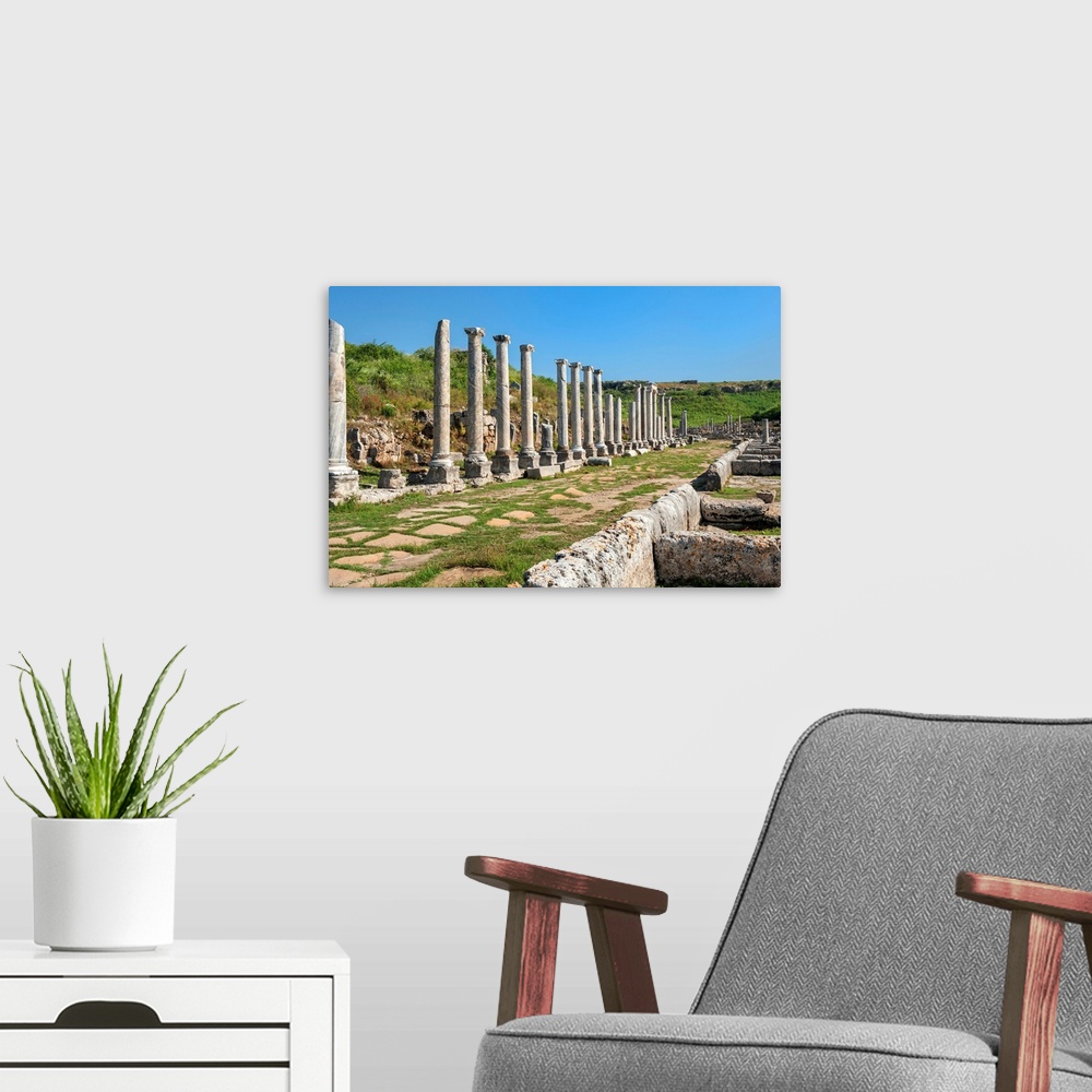 A modern room featuring Columned street leading to the Nymphaeum, Antalya, Anatolia, Turkey