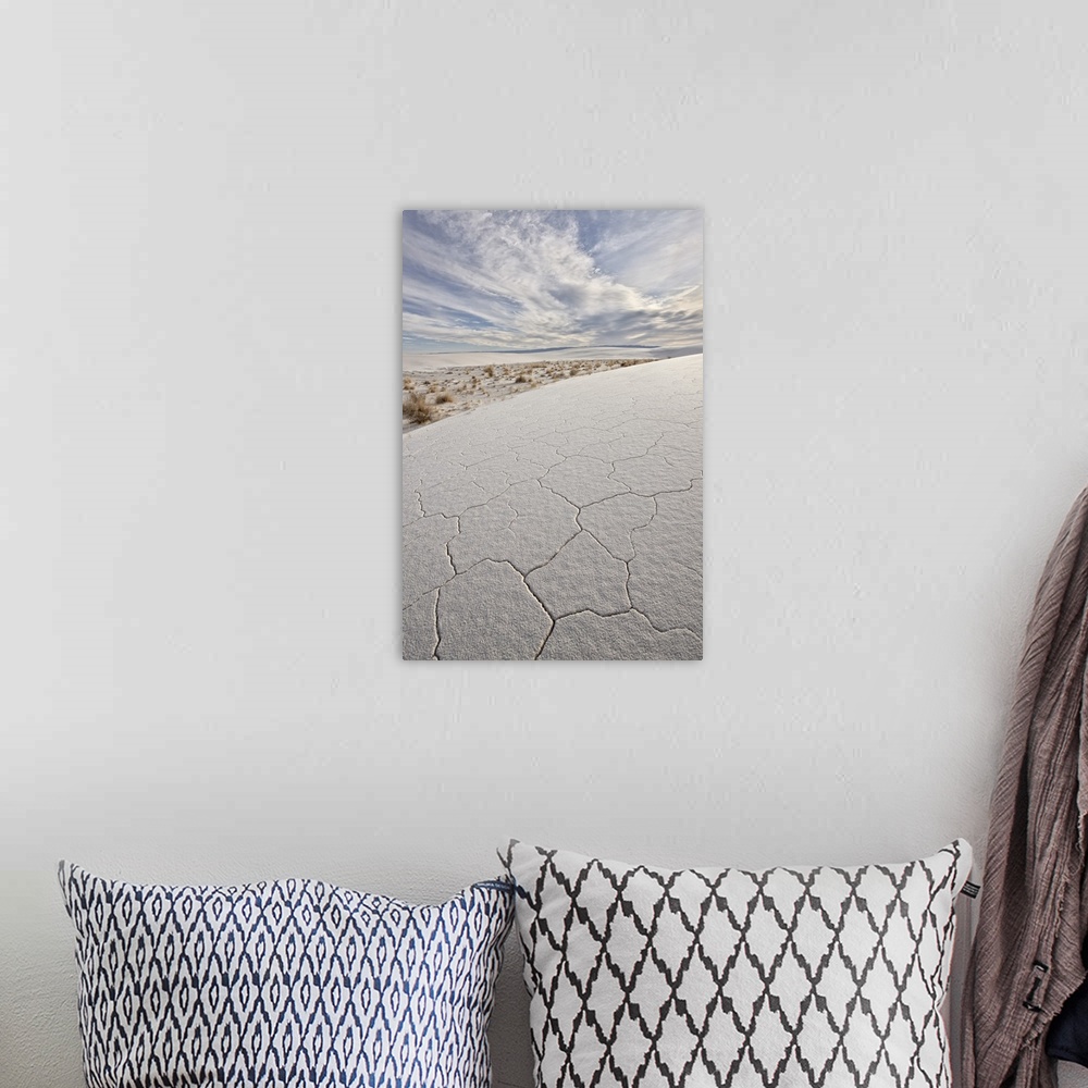 A bohemian room featuring Cracked dunes with clouds, White Sands National Monument, New Mexico