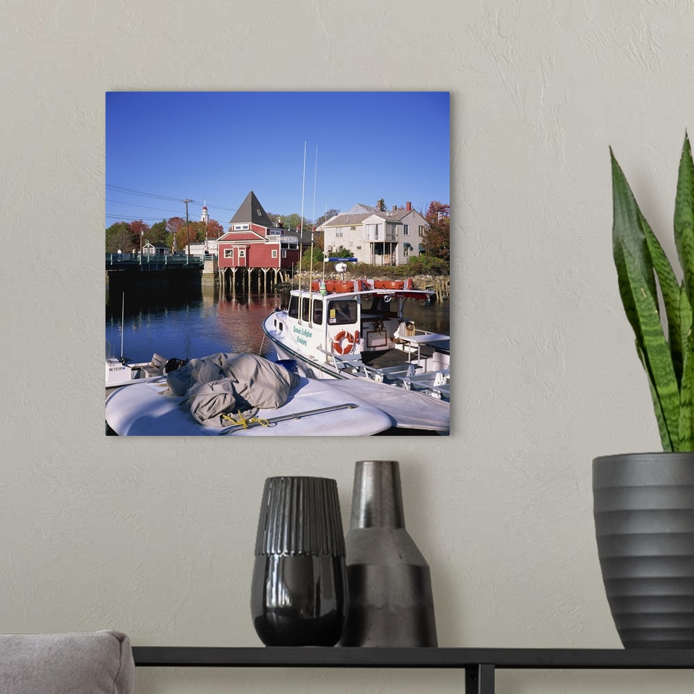 A modern room featuring Cruise boat in harbour with wooden buildings, Maine, New England, USA