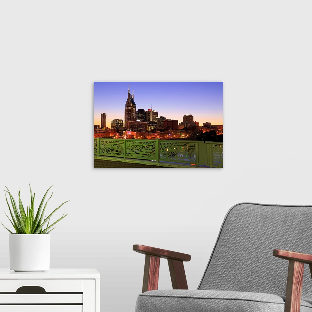 A modern room featuring Cumberland River and Nashville skyline, Tennessee, USA