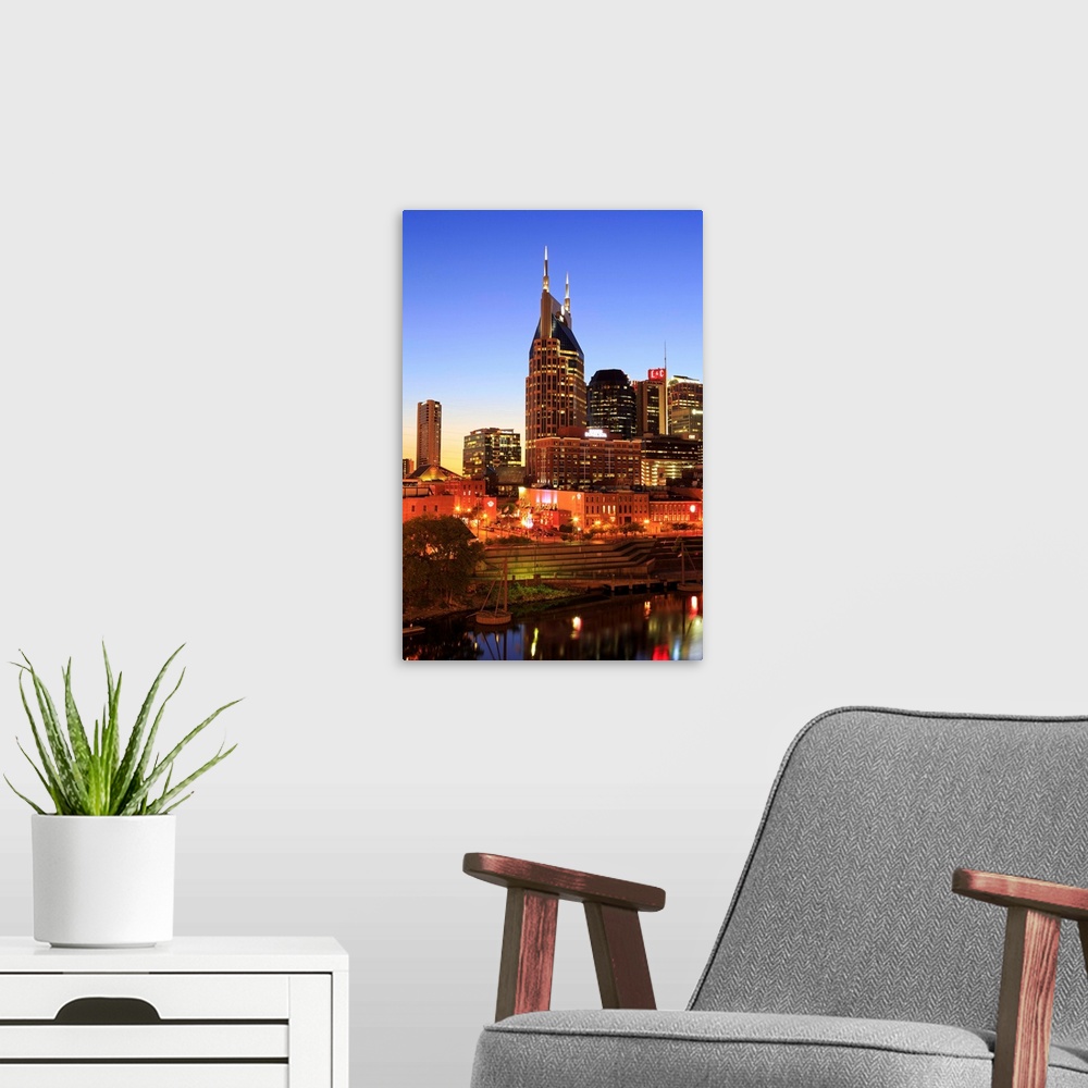 A modern room featuring Cumberland River and Nashville skyline, Tennessee, USA