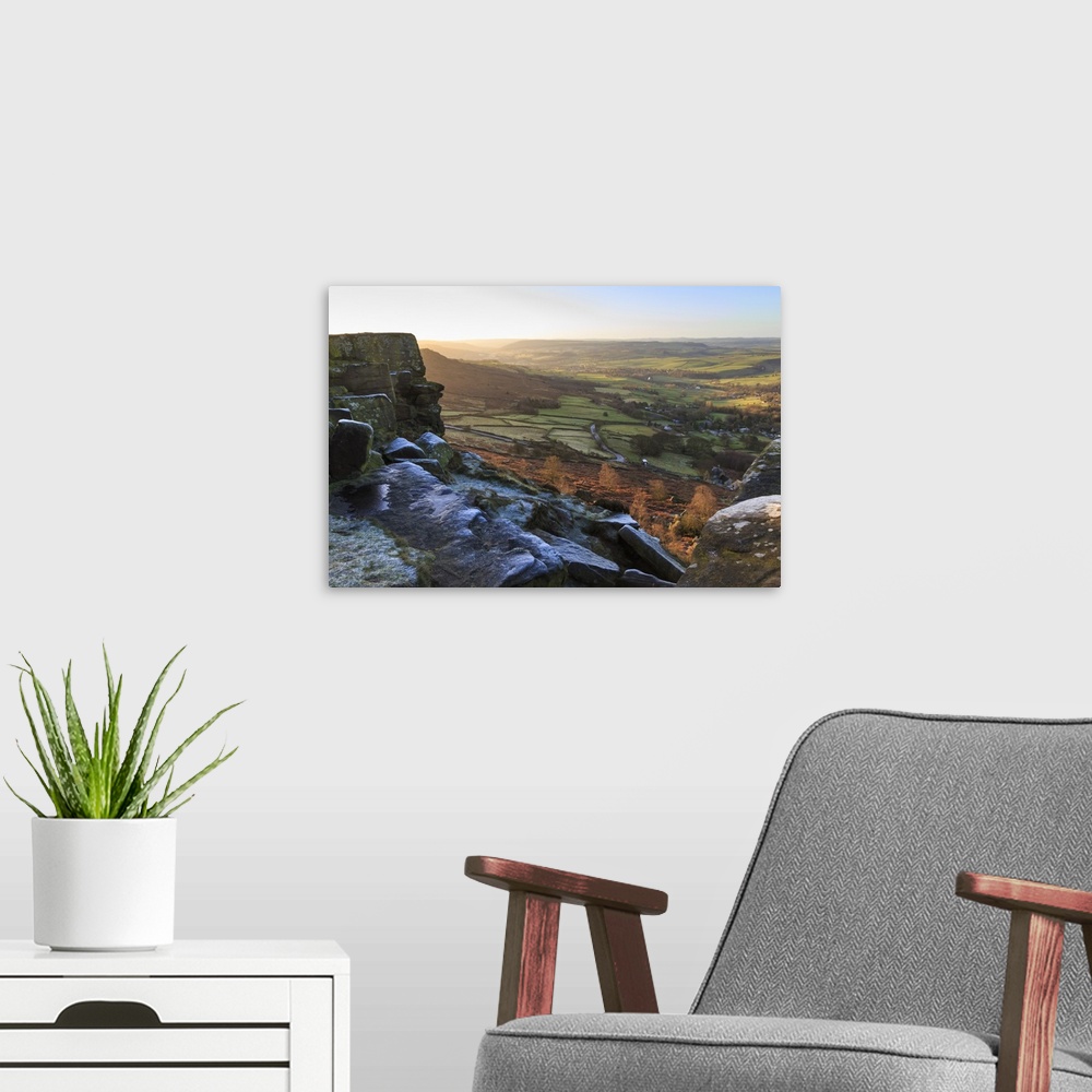 A modern room featuring Curbar Edge, at sunrise on a frosty winter morning, Peak District National Park, Derbyshire, Engl...