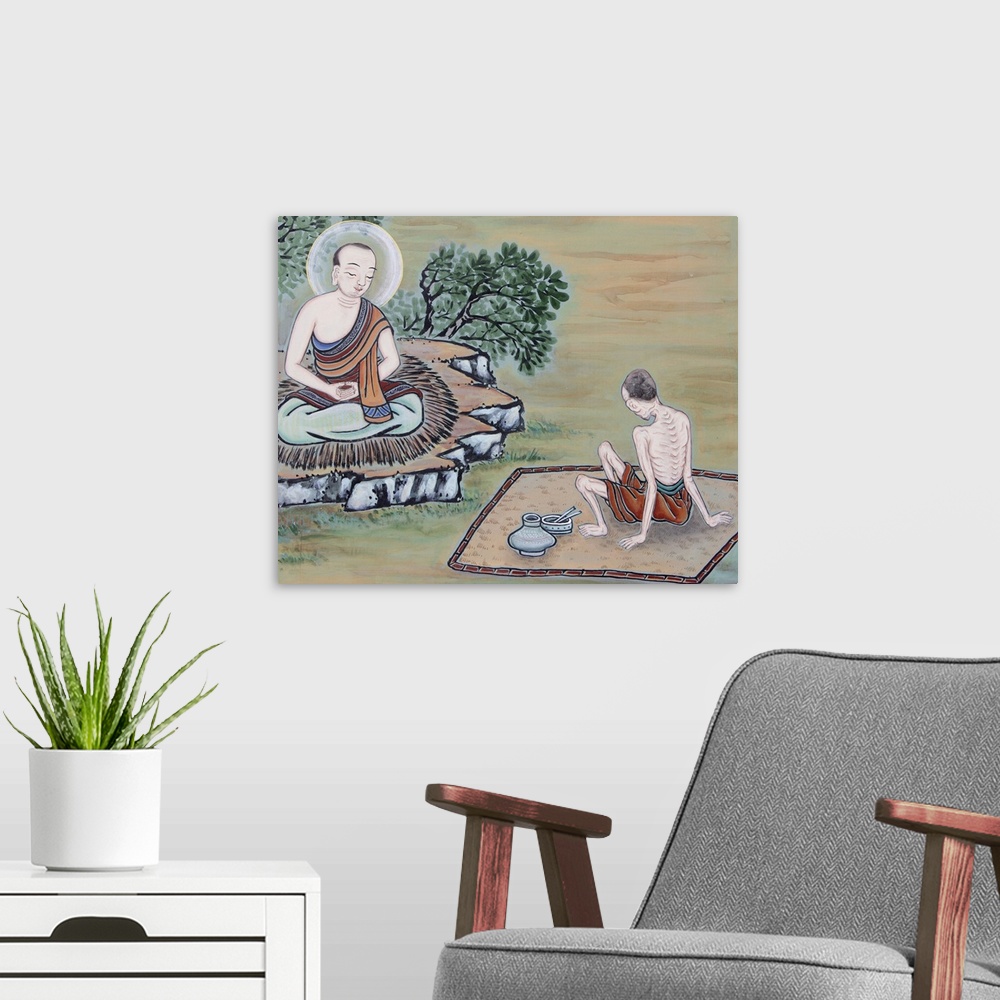 A modern room featuring Detail of a wall painting of the Life of the Buddha, showing Prince Siddartha encountering old ag...