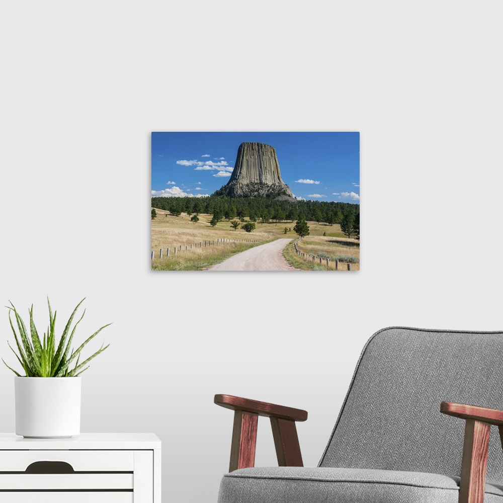 A modern room featuring Devils Tower National Monument, Wyoming, United States of America, North America.