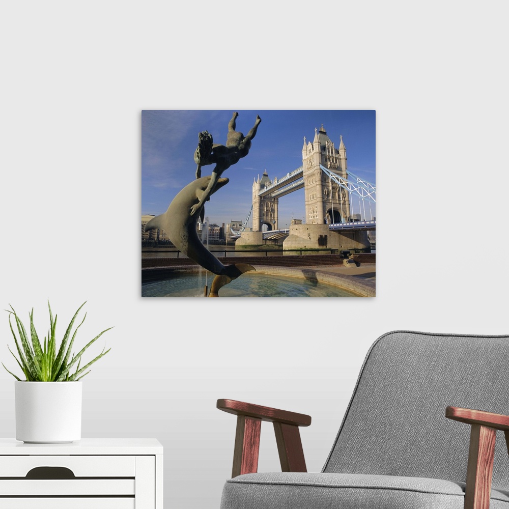 A modern room featuring Dolphin sculpture and Tower Bridge, London, England, UK