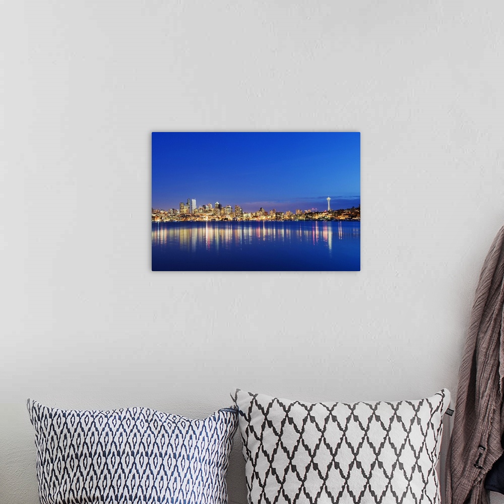 A bohemian room featuring Downtown buildings and Space Needle seen from Lake Union, Seattle, Washington State