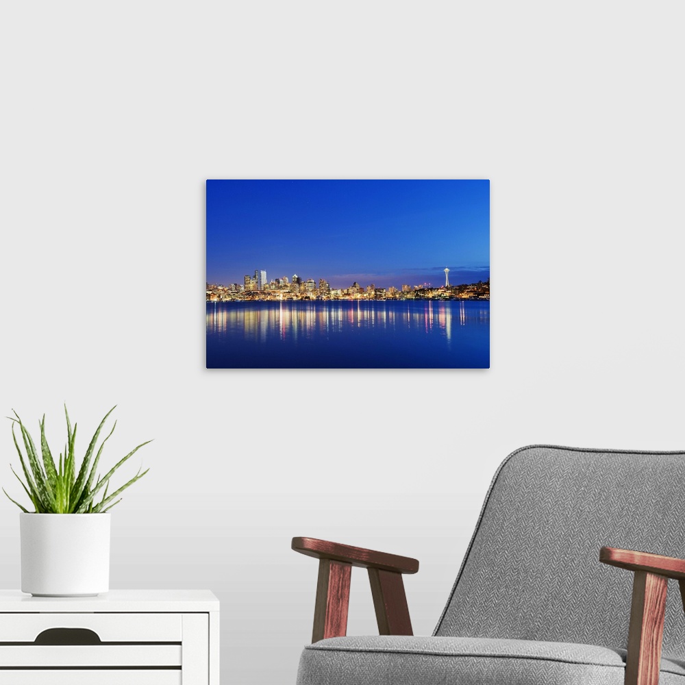 A modern room featuring Downtown buildings and Space Needle seen from Lake Union, Seattle, Washington State