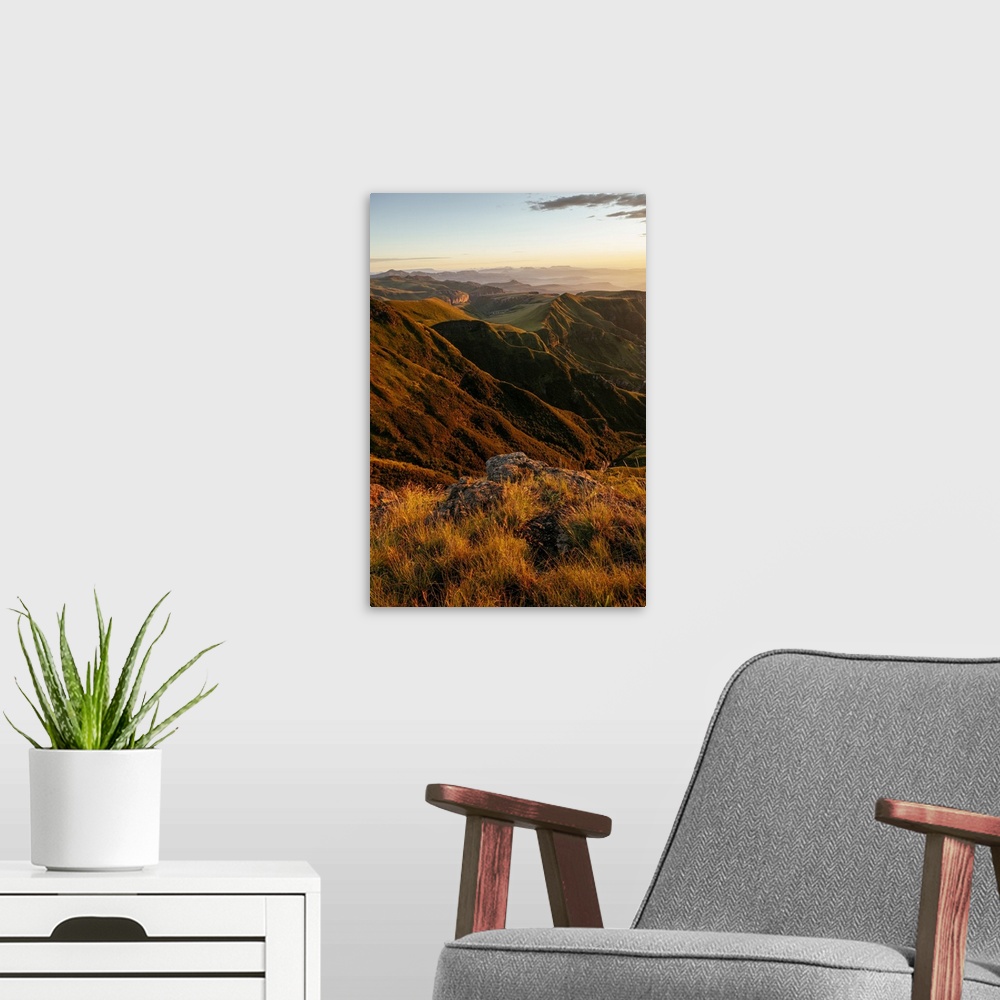 A modern room featuring Dawn, Drakensberg Mountains, Royal Natal National Park, KwaZulu-Natal Province, South Africa, Africa