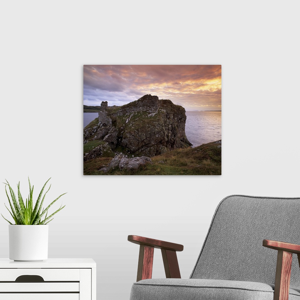 A modern room featuring Dunscaith Castle ruins, Isle of Skye, Inner Hebrides, Scotland