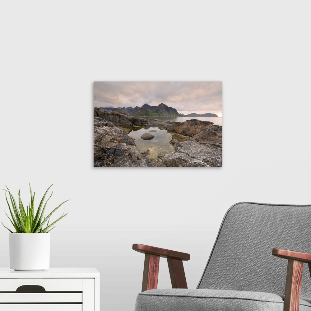 A modern room featuring Dusk over Flakstad, Flakstadoya, Lofoten Islands, Norway, Scandinavia