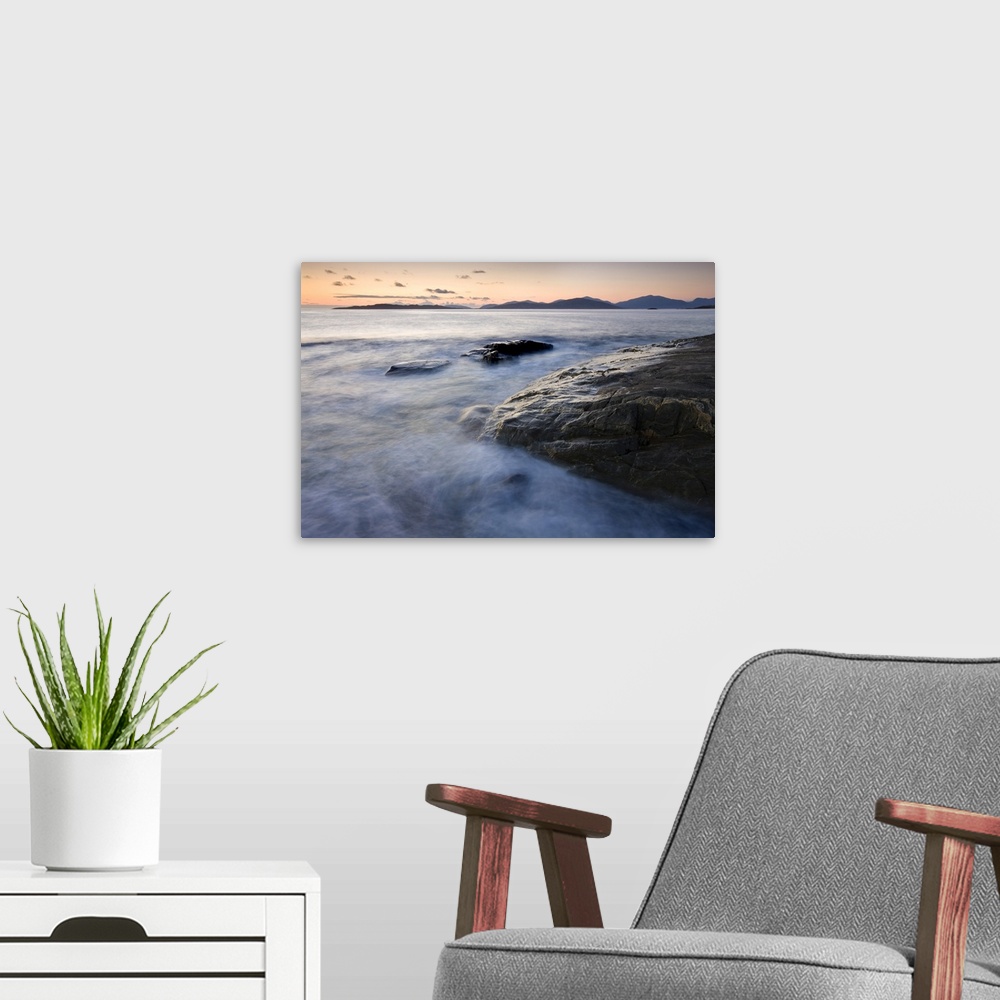 A modern room featuring Dusk view towards Taransay and the Isle of hills of North Harris from Borve Beach, Isle of Harris...
