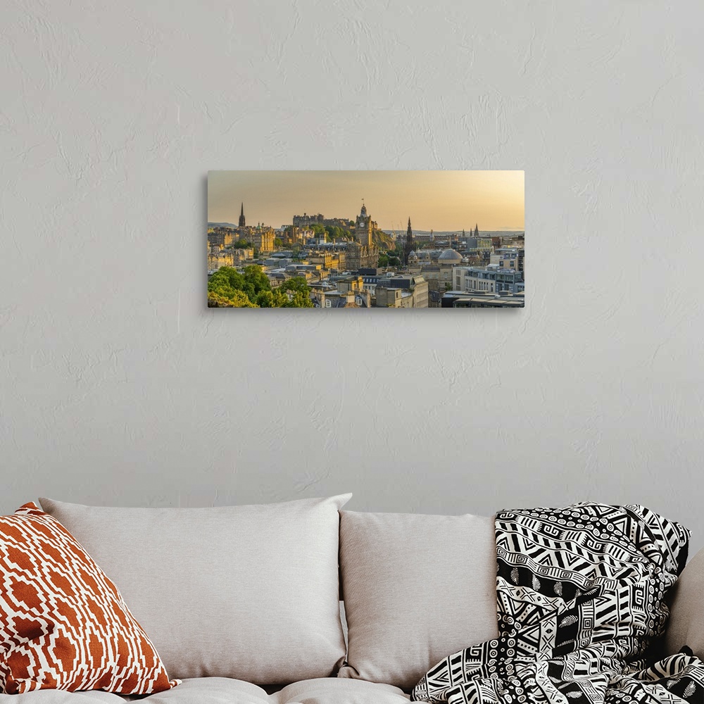 A bohemian room featuring View of Edinburgh Castle, Balmoral Hotel and city skyline from Calton Hill at golden hour, Edinbu...