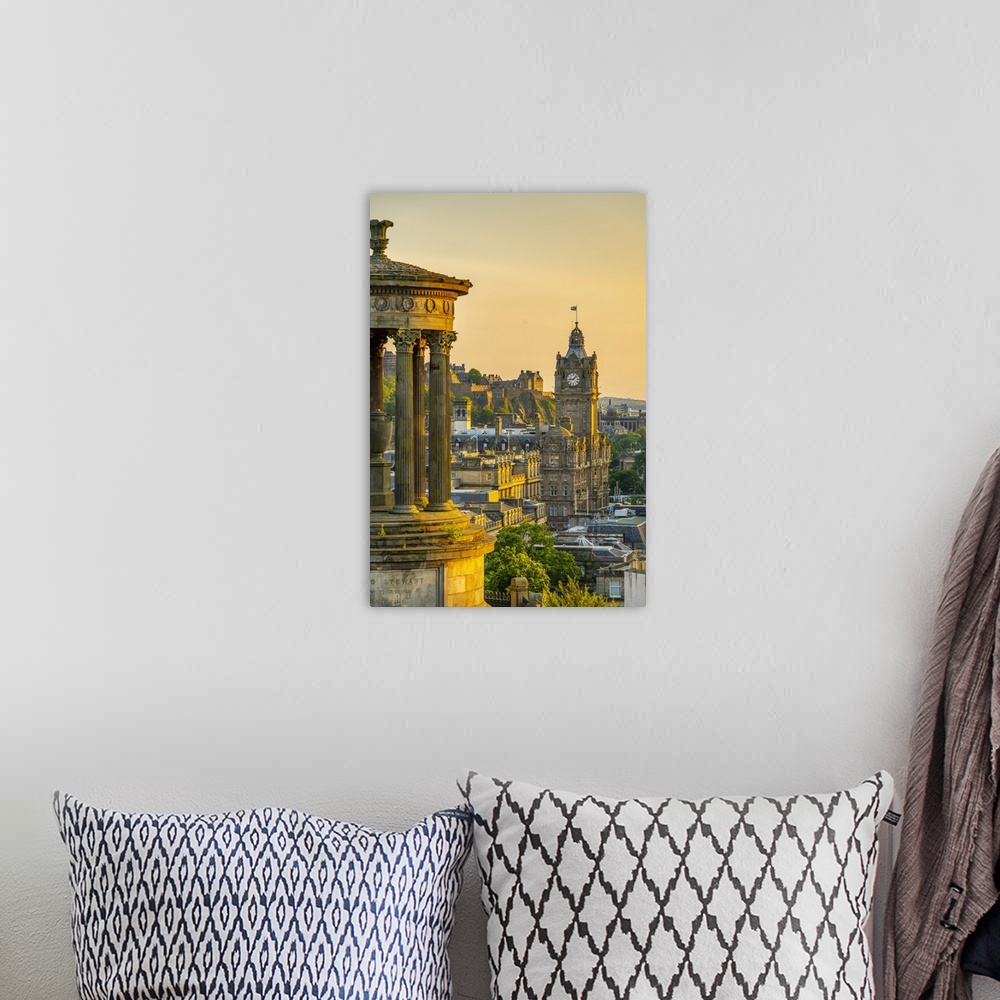 A bohemian room featuring View of Edinburgh Castle, Balmoral Hotel and Dugald Stewart monument from Calton Hill at golden h...