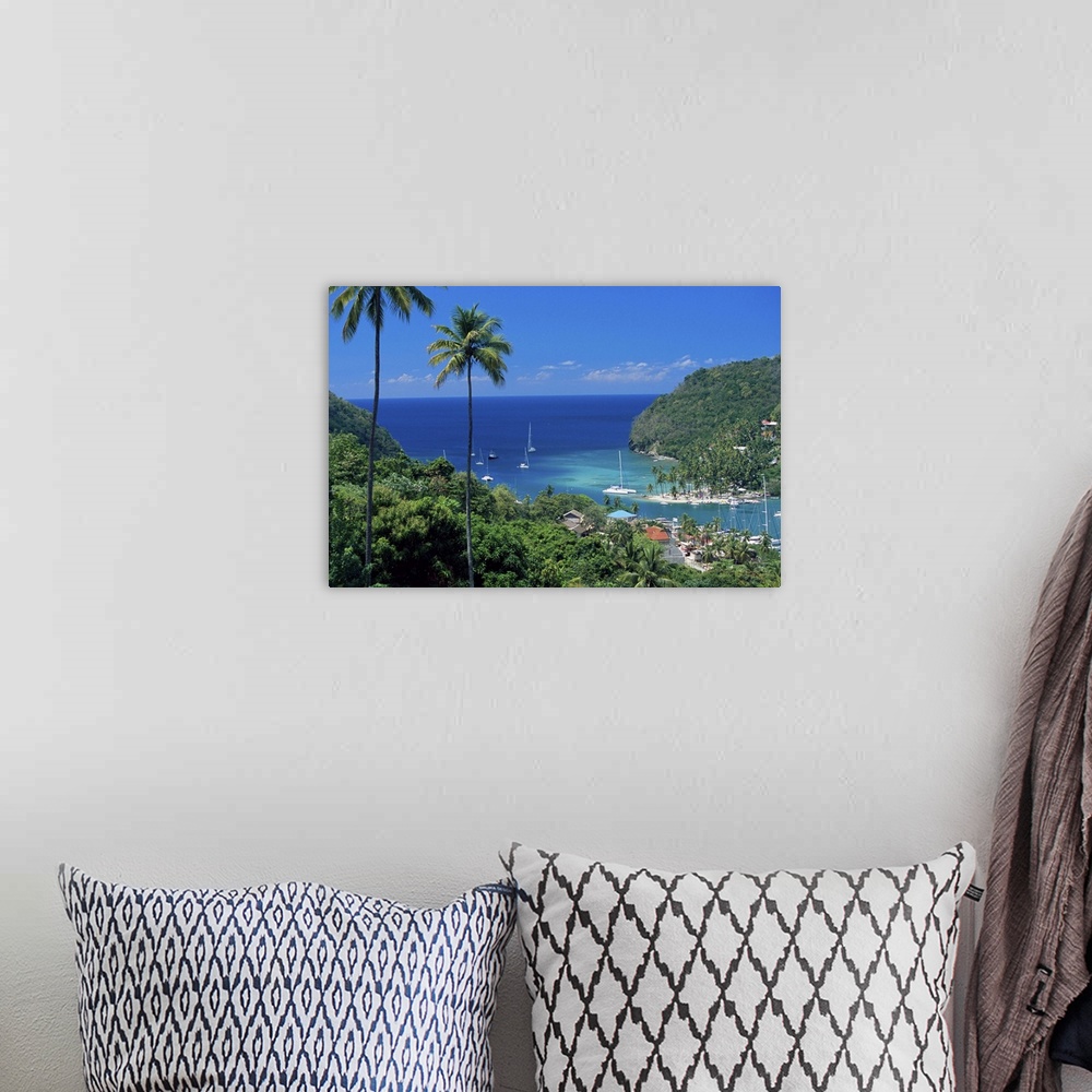 A bohemian room featuring Elevated view over Marigot Bay, island of St. Lucia, Windward Islands, Caribbean