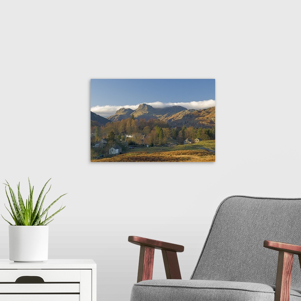 A modern room featuring Elterwater village with Langdale Pikes, Lake District National Park, Cumbria, England