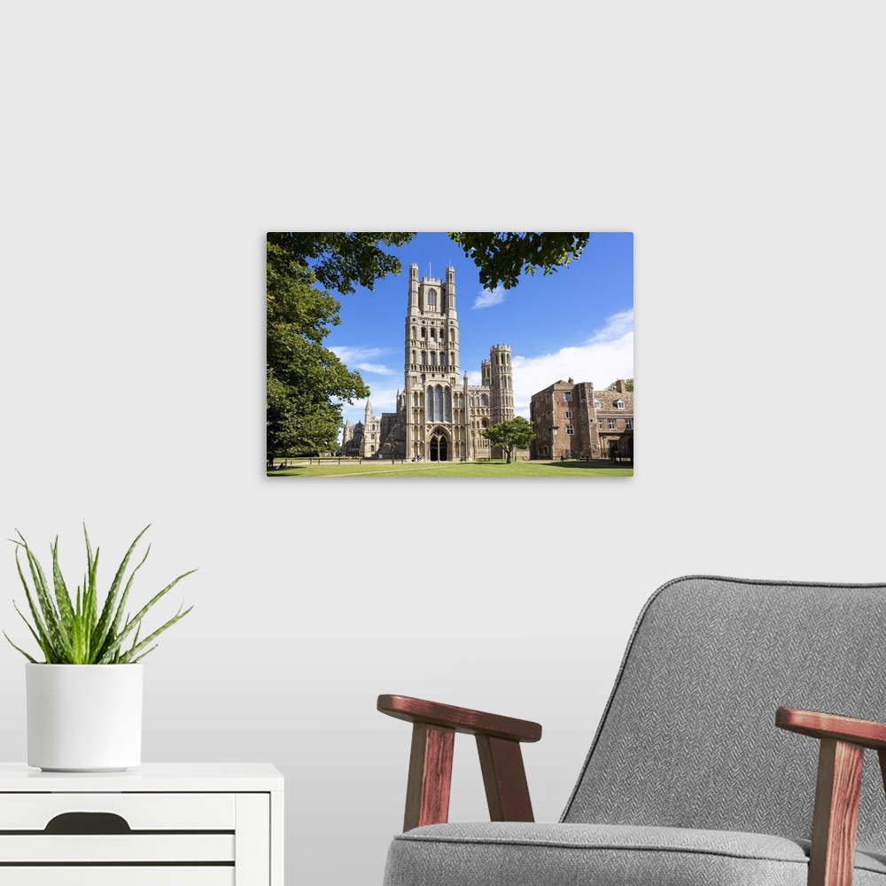 A modern room featuring Ely Cathedral (Cathedral Church of the Holy and Undivided Trinity) from Palace Green, Ely, Cambri...