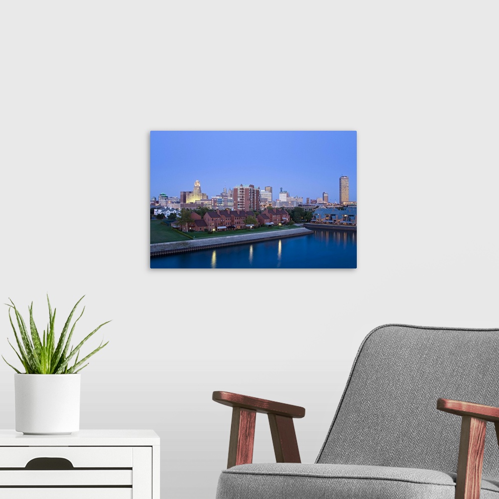 A modern room featuring Erie Basin Marina and city skyline, Buffalo, New York State