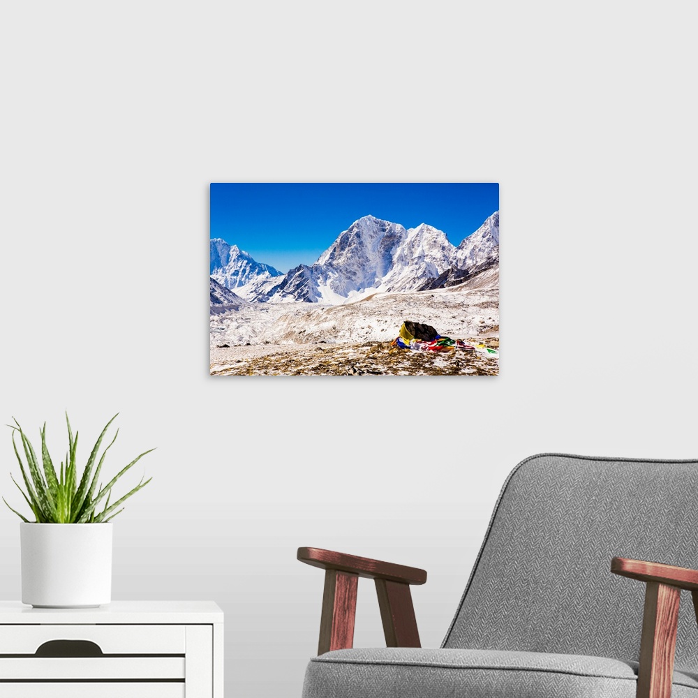 A modern room featuring Everest Peak with prayer flags, Himalayas, Nepal