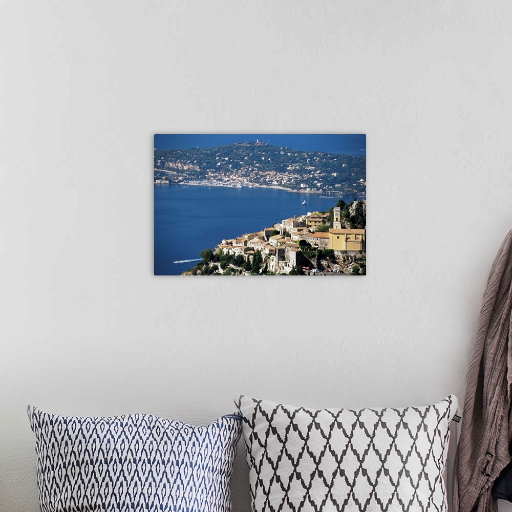 A bohemian room featuring Eze village and Cap Ferrat in background, Provence, French Riviera, France