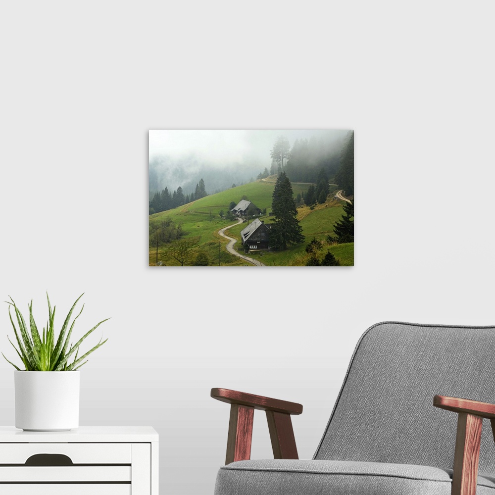 A modern room featuring Farmhouses in fog, Muchenland, Black Forest, Baden-Wurttemberg, Germany