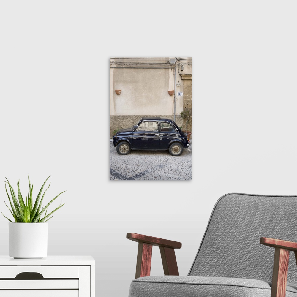 A modern room featuring Fiat 500 car, Cefalu, Sicily, Italy