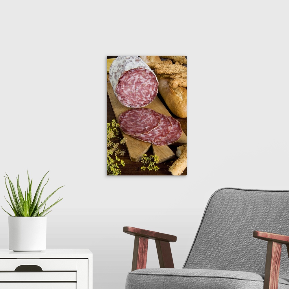 A modern room featuring Finocchiona, Tuscan salame with fennel seeds, Italy, Europe