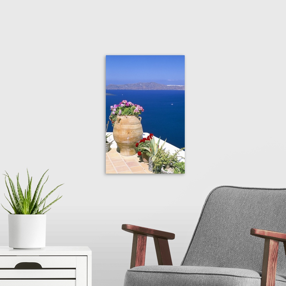 A modern room featuring Fira, island of Santorini (Thira), Cyclades Islands, Aegean, Greek Islands, Greece