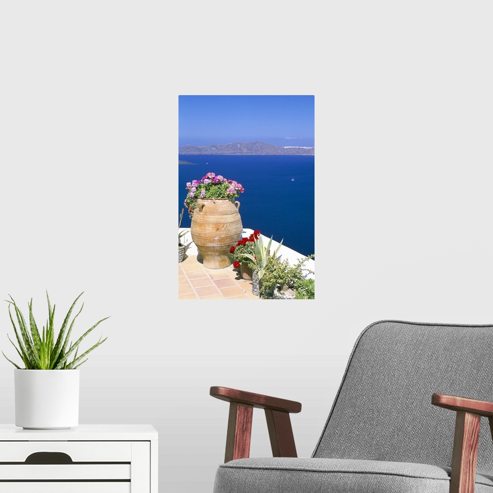 A modern room featuring Fira, island of Santorini (Thira), Cyclades Islands, Aegean, Greek Islands, Greece