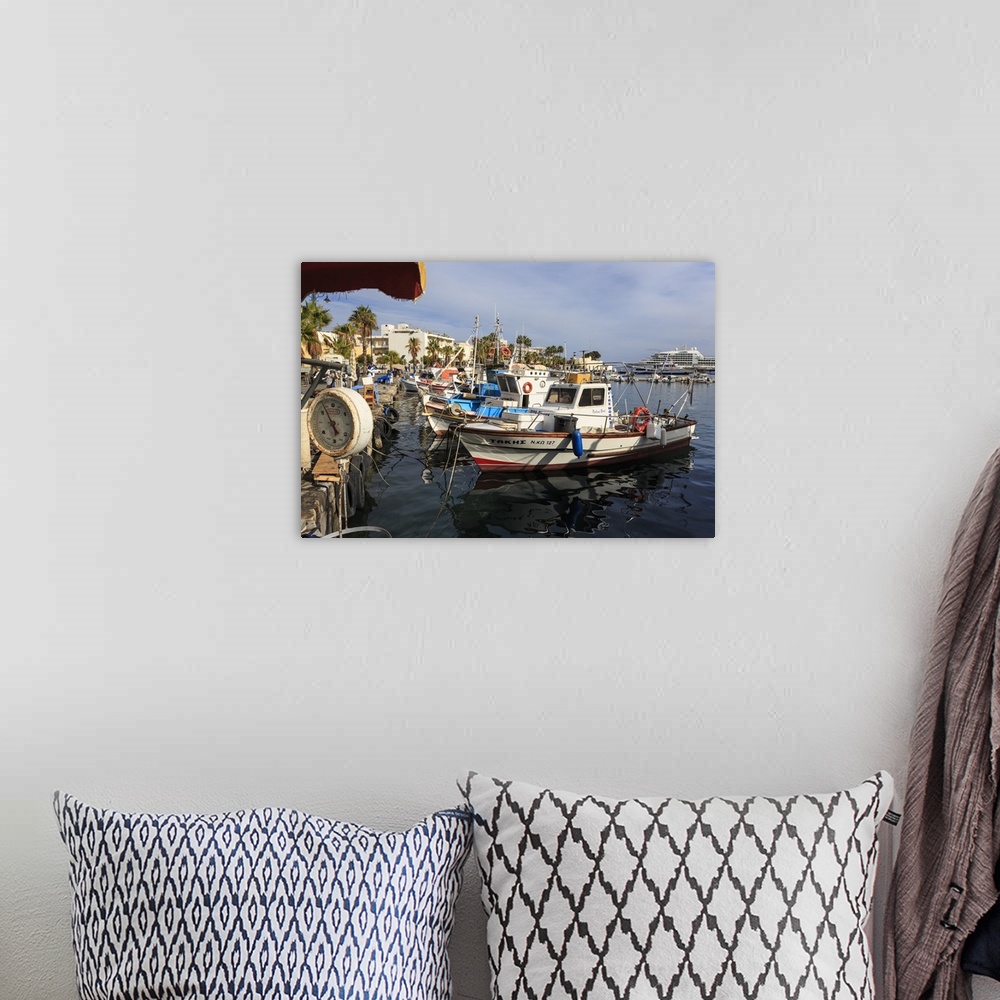 A bohemian room featuring Fishing boats and cruise ship, harbour, Kos Town, Kos, Dodecanese, Greek Islands, Greece
