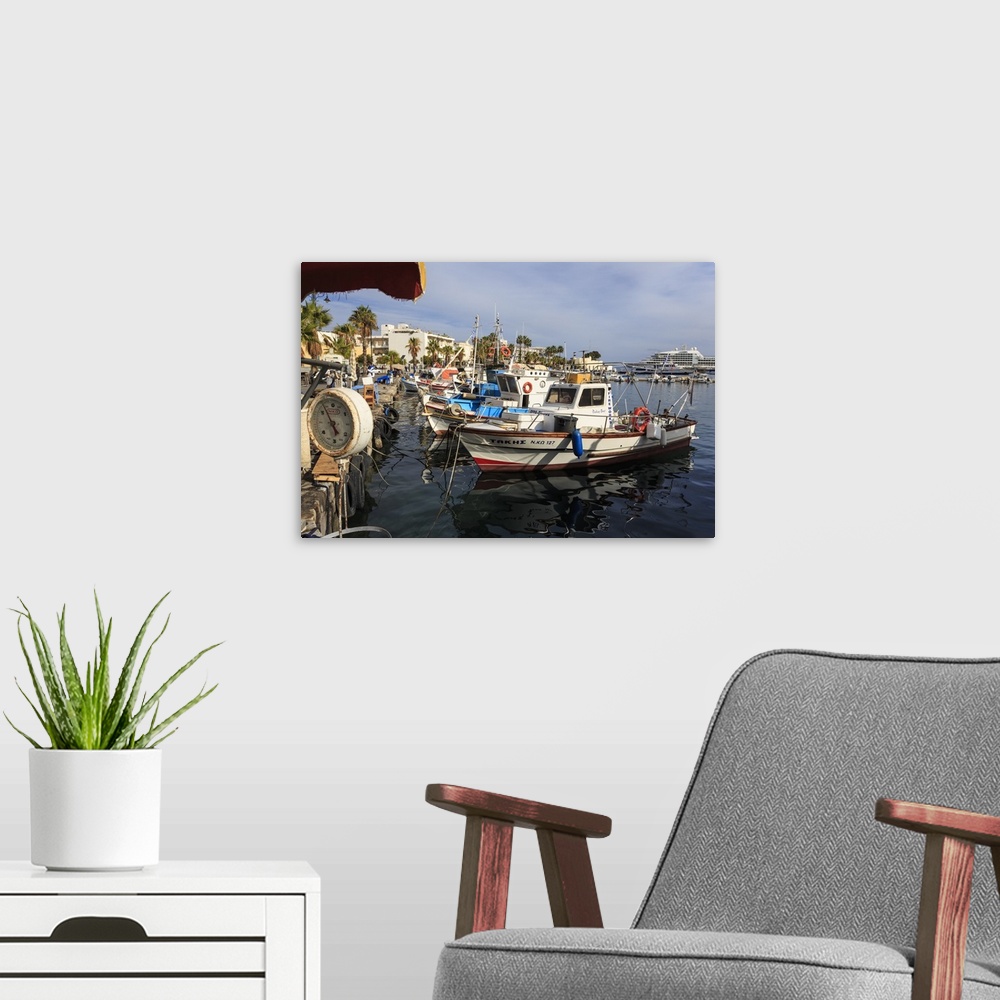 A modern room featuring Fishing boats and cruise ship, harbour, Kos Town, Kos, Dodecanese, Greek Islands, Greece