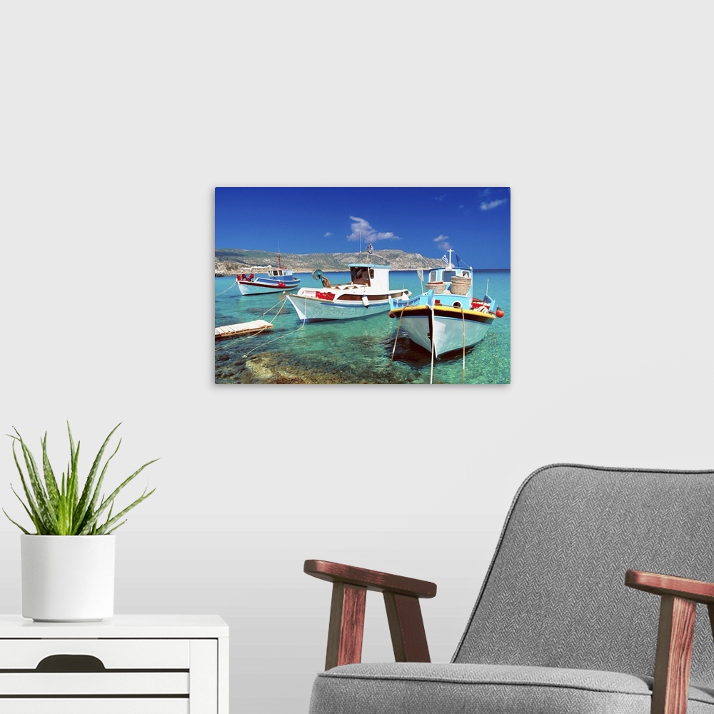 A modern room featuring Fishing boats at Anopi Beach, Karpathos, Dodecanese, Greek Islands, Greece, Europe