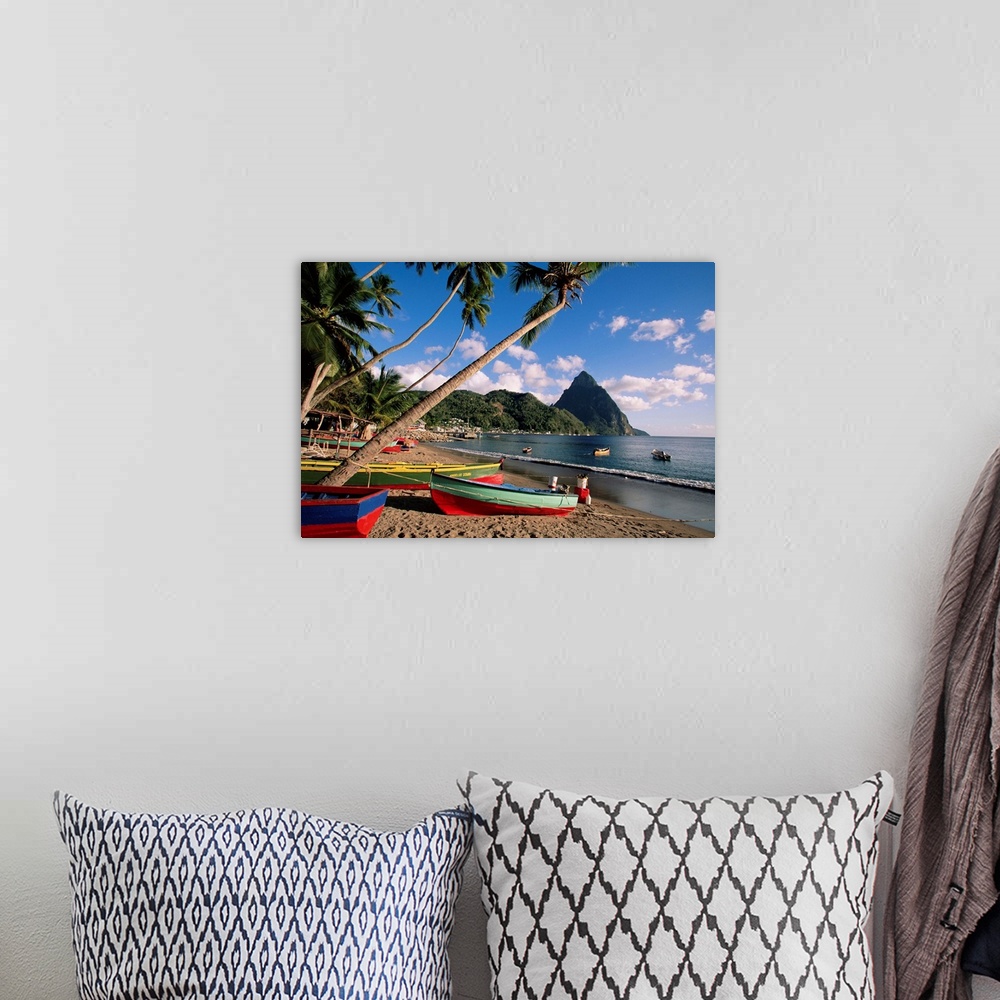 A bohemian room featuring Fishing boats at Soufriere with the Pitons in the background, island of St. Lucia, Windward Islan...