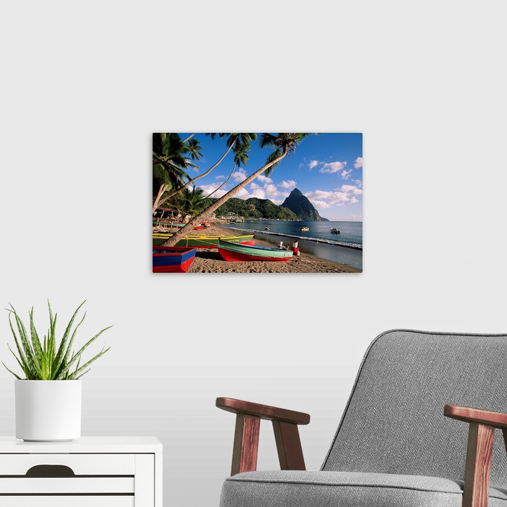 A modern room featuring Fishing boats at Soufriere with the Pitons in the background, island of St. Lucia, Windward Islan...