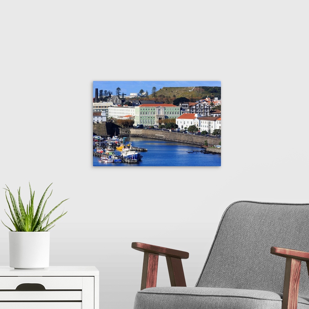 A modern room featuring Fishing boats in harbour, Ponta Delgada City, Sao Miguel Island, Portugal