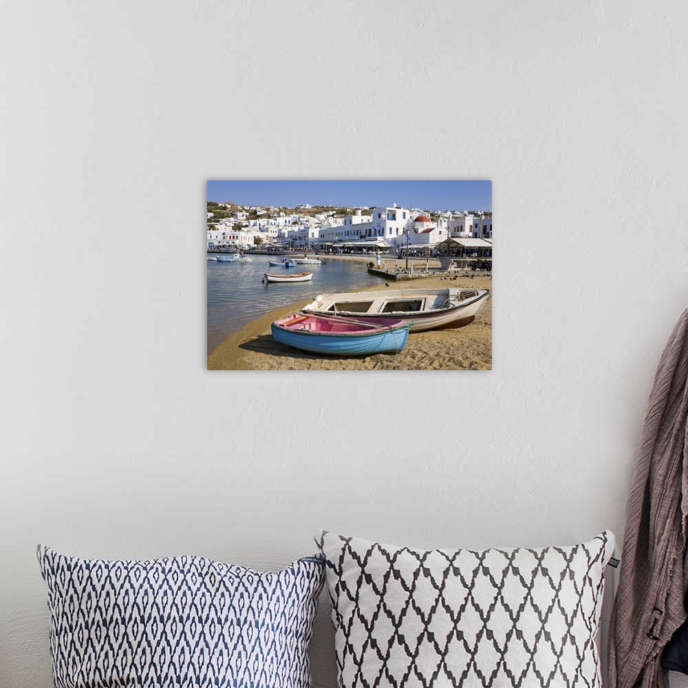 A bohemian room featuring Fishing boats in Mykonos Town, Island of Mykonos, Cyclades, Greek Islands, Greece