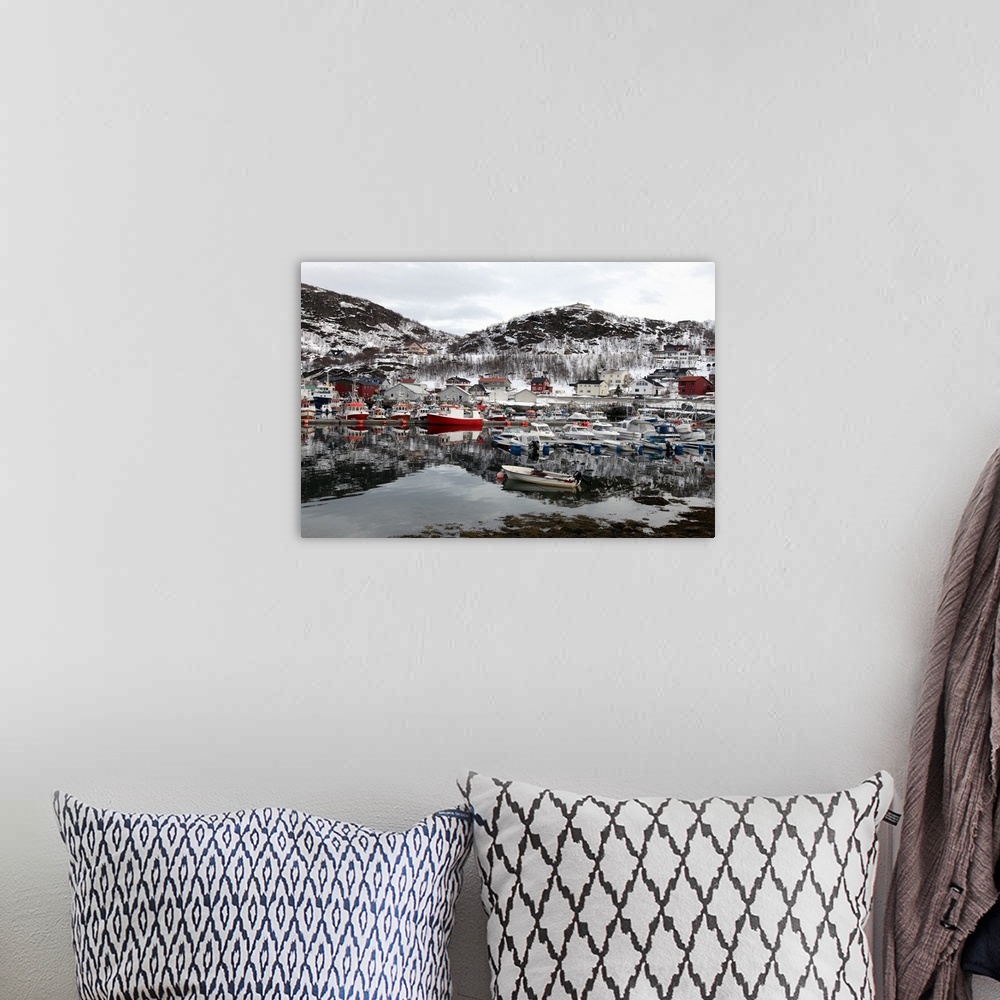 A bohemian room featuring Fishing boats in the harbour at Skjervoy, Troms, Norway, Scandinavia, Europe.