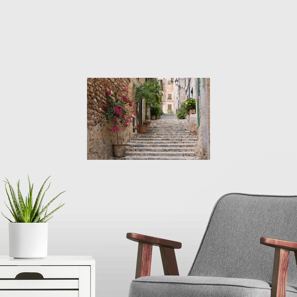 A modern room featuring Flight of steps in the heart of the village Fornalutx, Mallorca, Balearic Islands, Spain