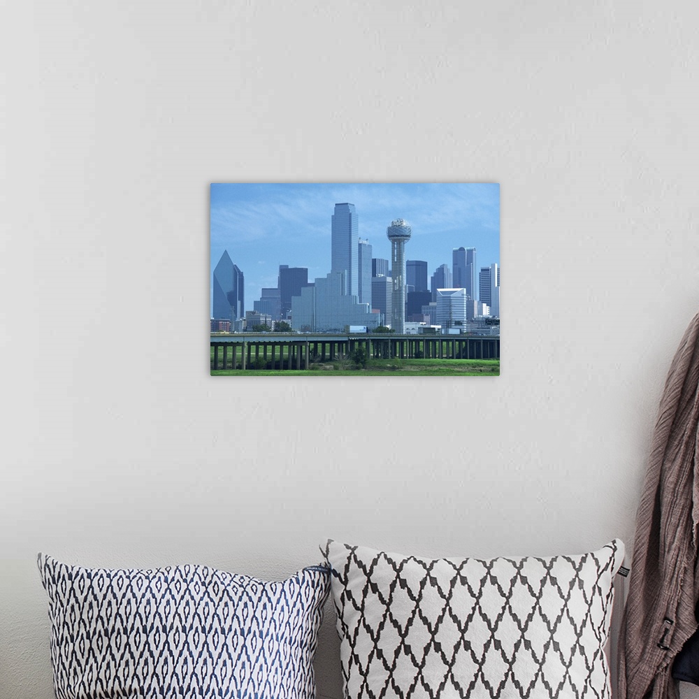 A bohemian room featuring Freeway bridge over the Dallas River floodplain, and skyline, Dallas, Texas, USA