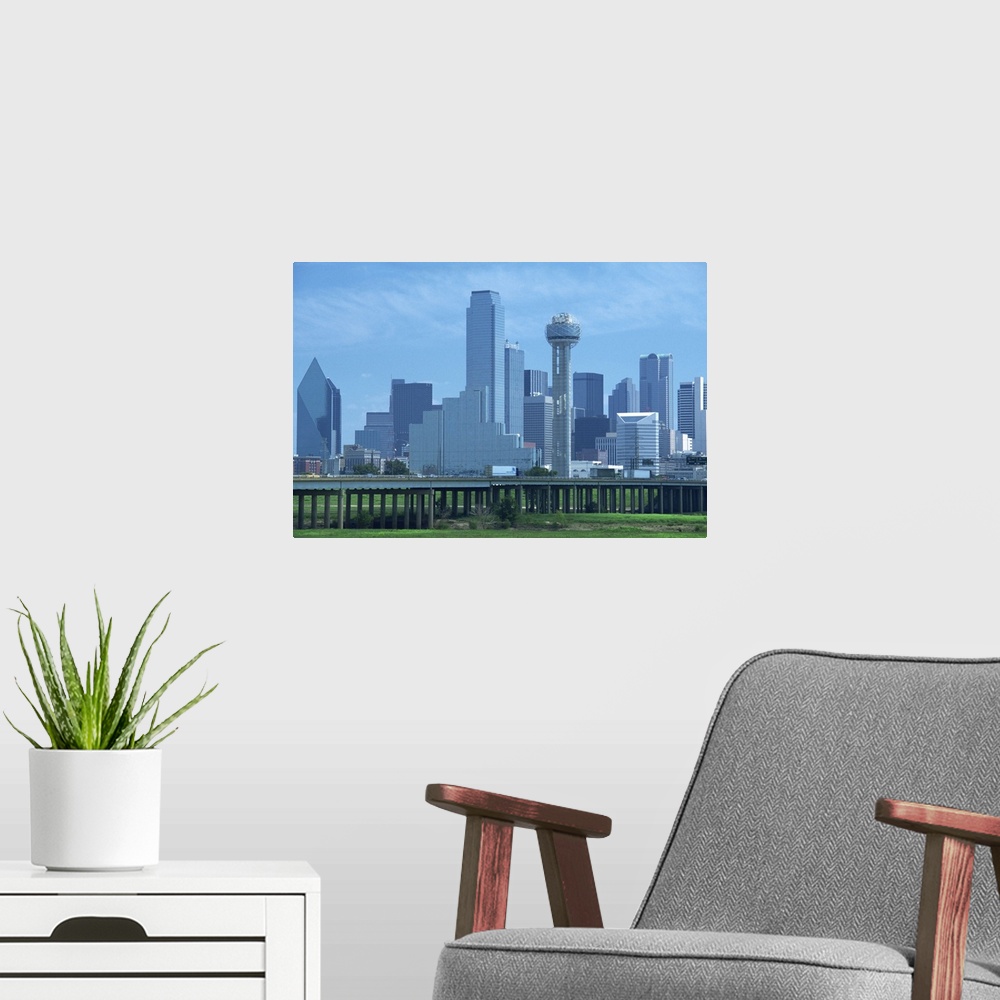 A modern room featuring Freeway bridge over the Dallas River floodplain, and skyline, Dallas, Texas, USA