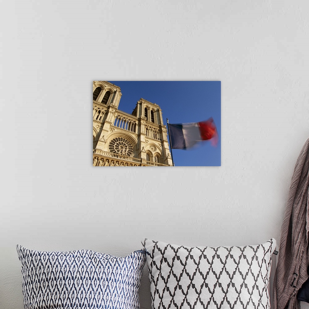 A bohemian room featuring French flag and Notre Dame de Paris, Christian cathedral, Paris, France