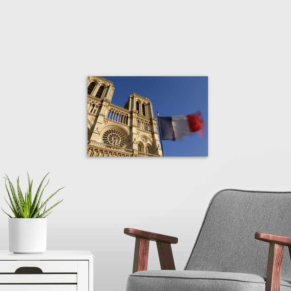 A modern room featuring French flag and Notre Dame de Paris, Christian cathedral, Paris, France