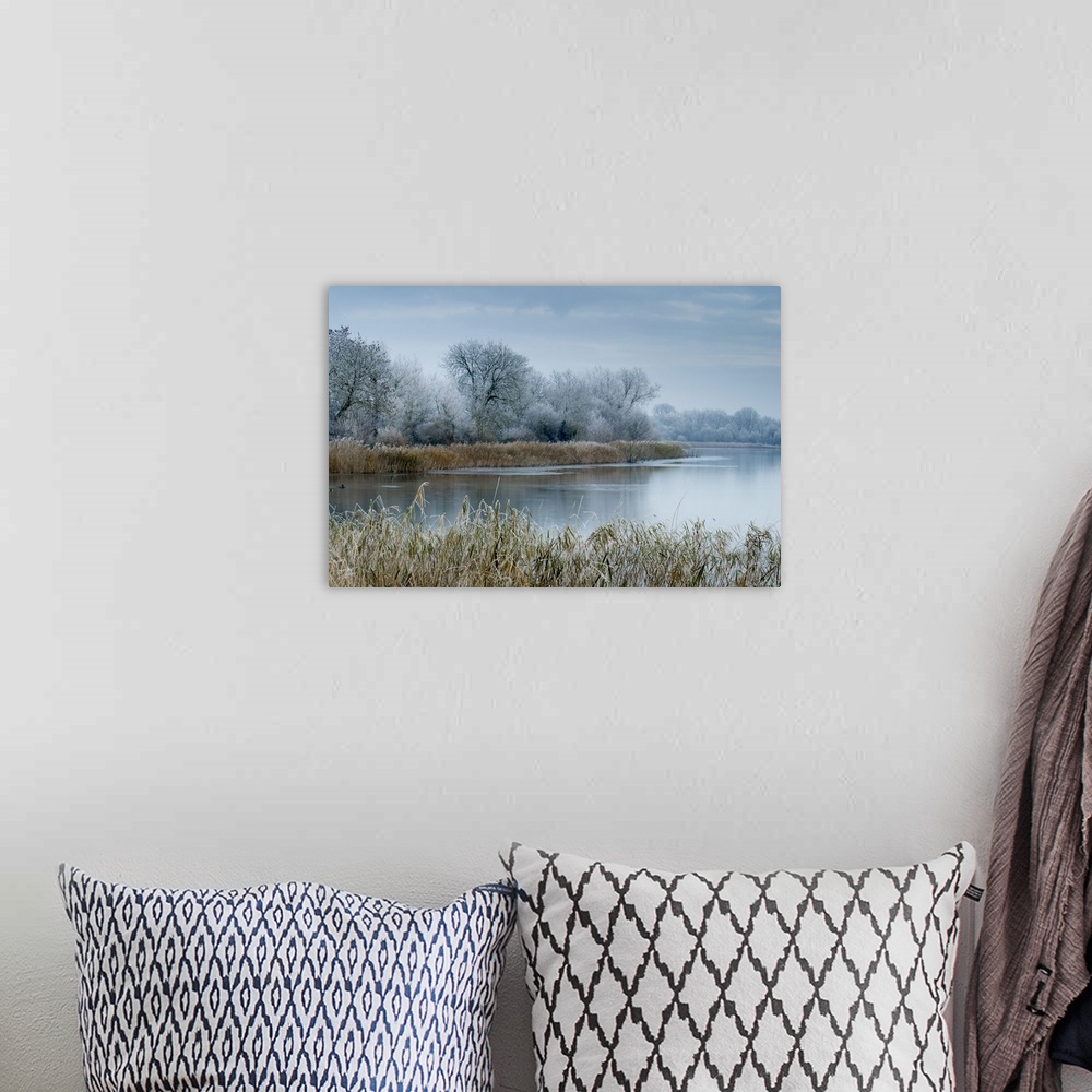 A bohemian room featuring A scenic view shows frosty conditions at Cotswold Water Park, Gloucestershire, England, United Ki...