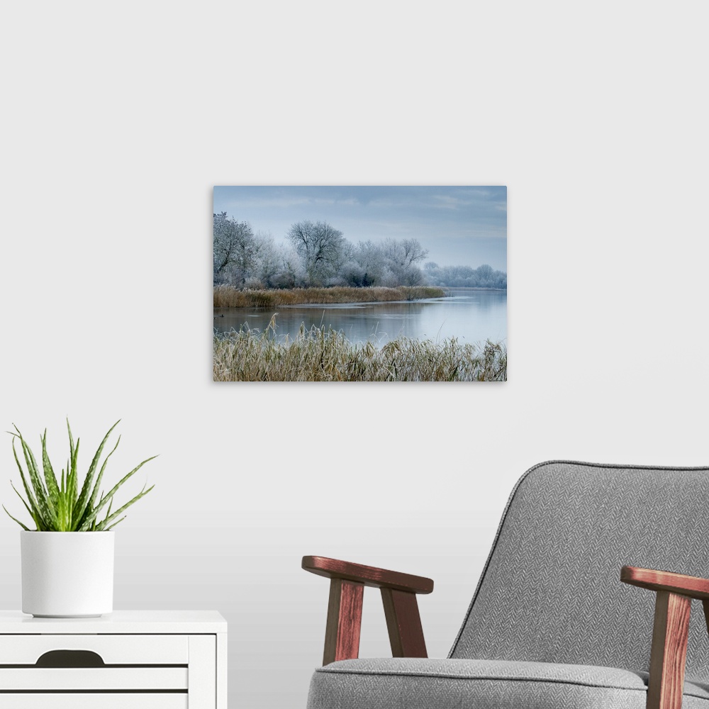 A modern room featuring A scenic view shows frosty conditions at Cotswold Water Park, Gloucestershire, England, United Ki...