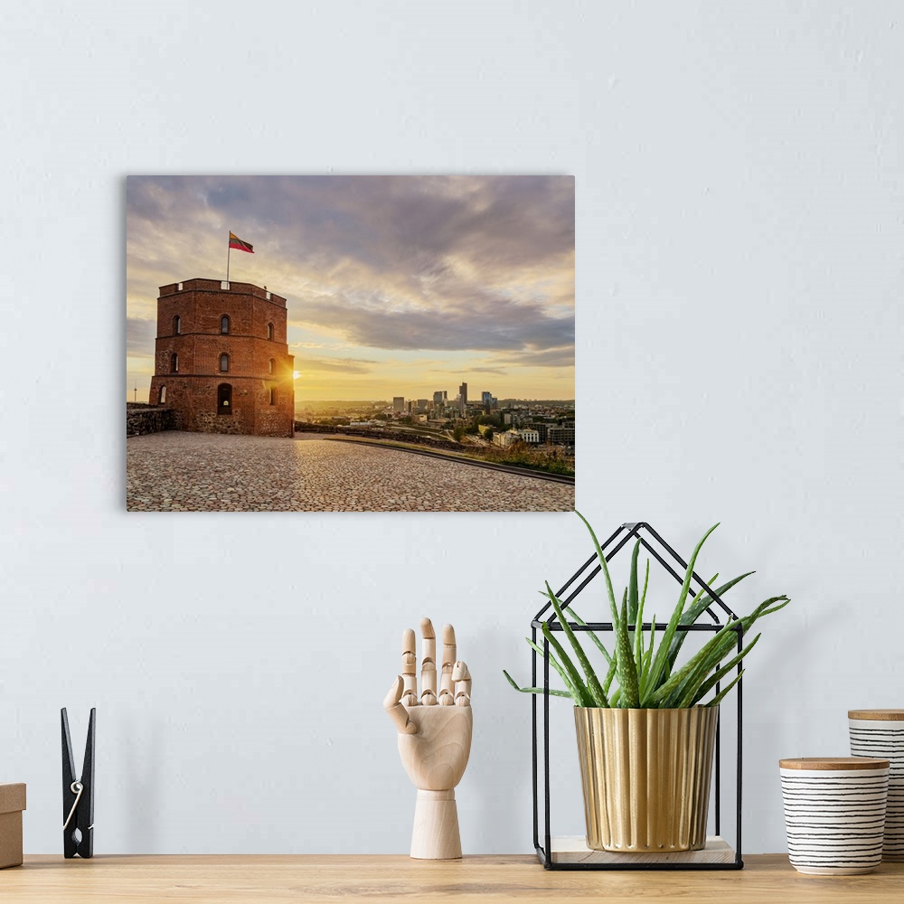 A bohemian room featuring Gediminas Tower at sunset, Vilnius, Lithuania, Europe