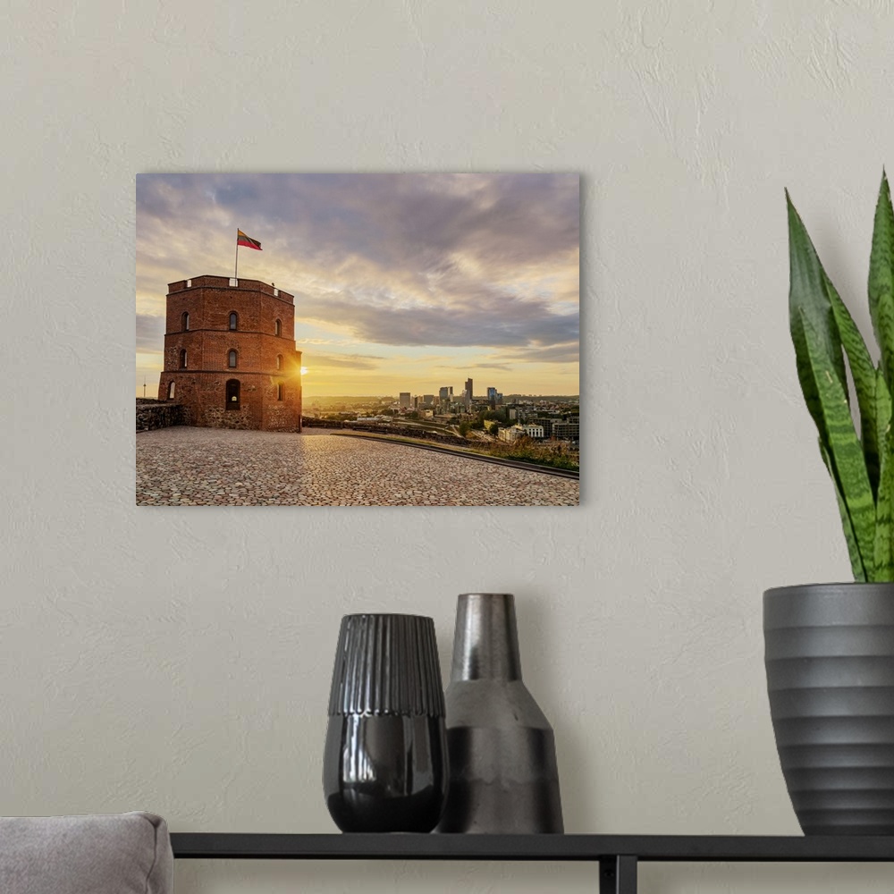 A modern room featuring Gediminas Tower at sunset, Vilnius, Lithuania, Europe