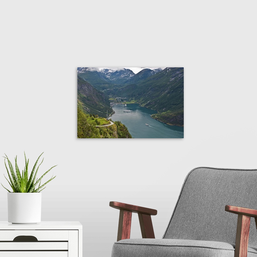 A modern room featuring Geiranger Fjord, Norway, Scandinavia, Europe