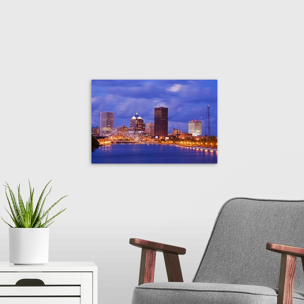 A modern room featuring Genesee River and Rochester skyline, New York State