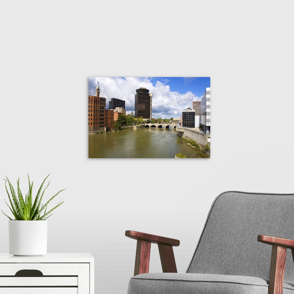 A modern room featuring Genesee River and skyline, Rochester, New York State